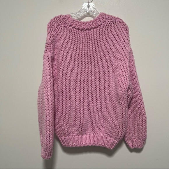 Self Contrast Anthropologie Chunky Knit V Neck Sweater Oversized Pink Small - Picture 8 of 11